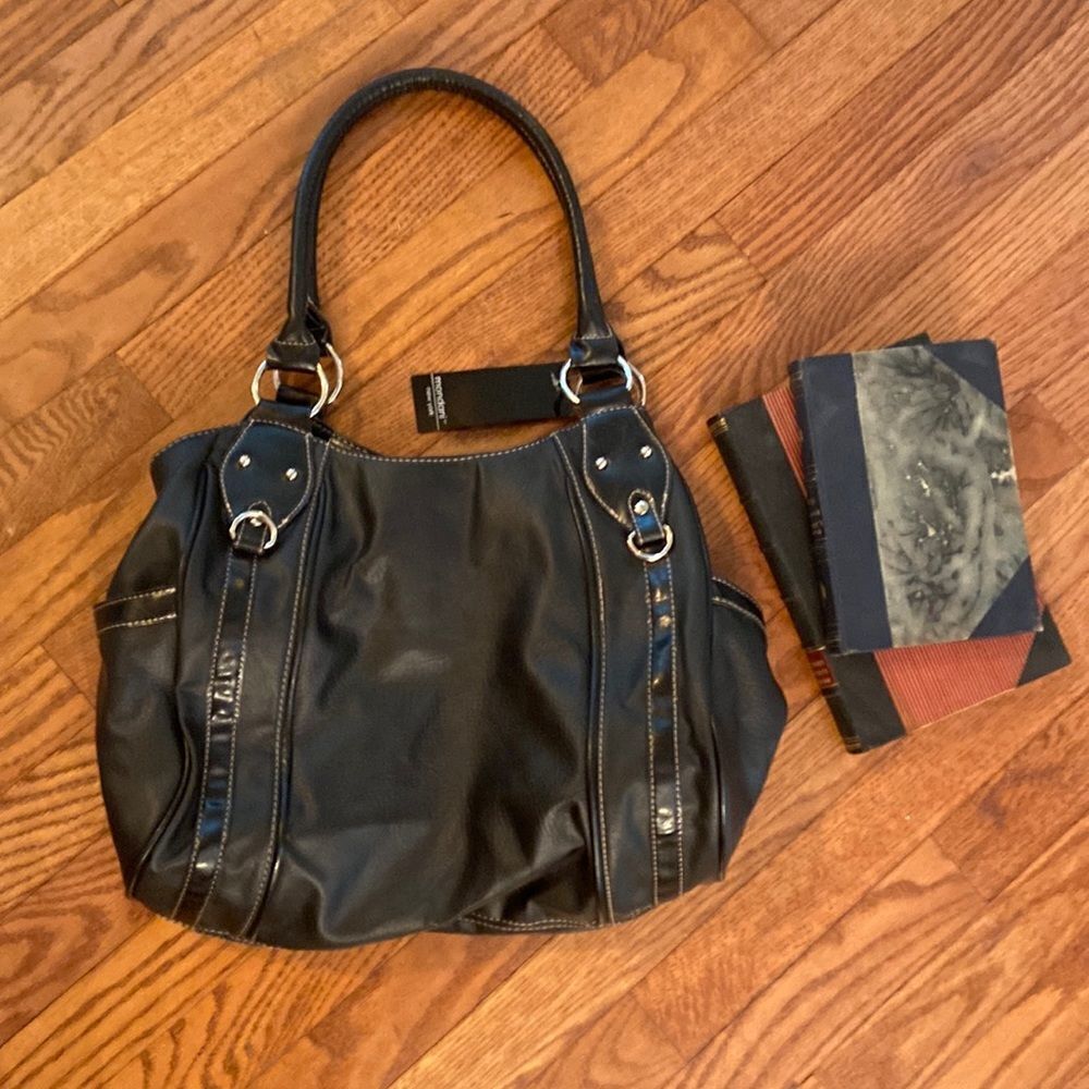 NWT Mondani New York purse - black with tan stitching